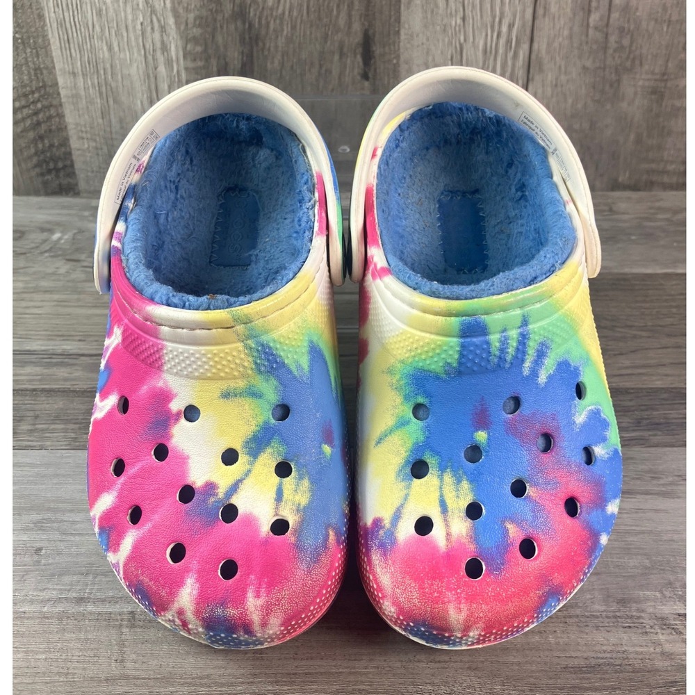 Crocs Classic Lined Tie Dye Clogs Multi Color Blue Fuzzy Fur Kids Size C10 - Picture 3 of 7